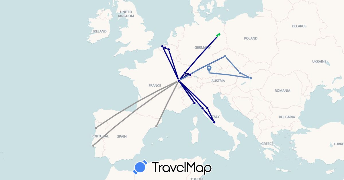TravelMap itinerary: driving, bus, plane, cycling in Belgium, Czech Republic, Germany, Spain, France, Hungary, Italy, Portugal, Slovakia (Europe)